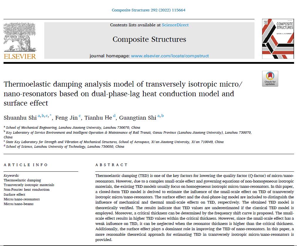 我校教师史拴虎在力学顶级国际学术期刊《Composite Structures》发表高水平学术论文