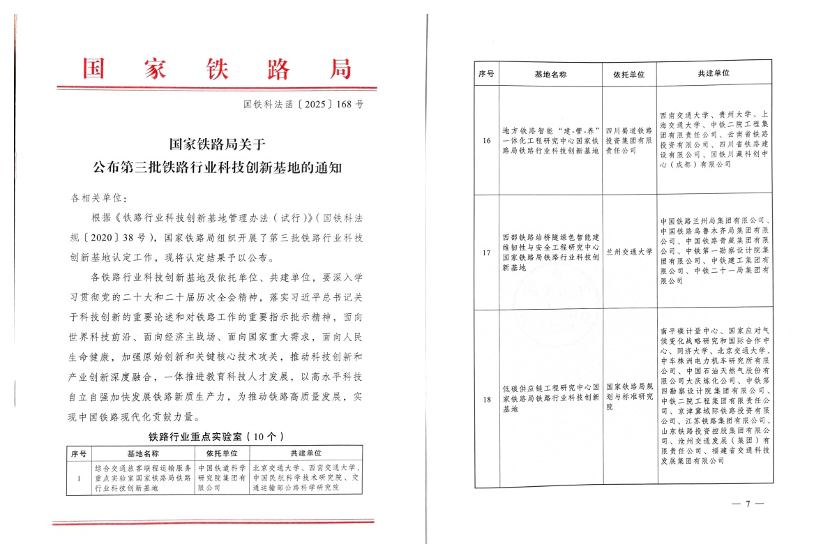 我校获批国家铁路局铁路行业科技创新基地